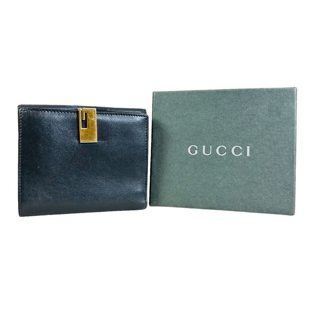 Vintage Black Gucci Leather Gold G Clasp Bi-Fold With Box